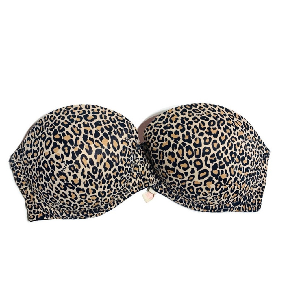 Pink Victoria’s Secret leopard print strapless bra VS